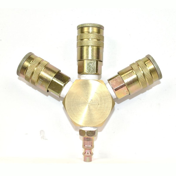 Interstate Pneumatics 3/8 Inch Brass Flat Hex Manifold with 3 x 1/4 Inch Steel Industrial Couplers FPM66R-3-KH6 - main